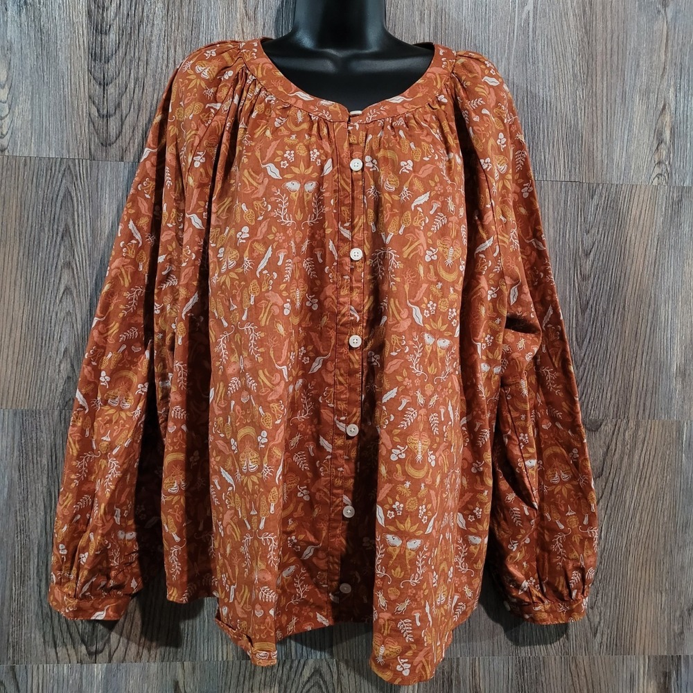 Duluth Trading Button Front Blouse XXL Orange Moth Mushroom Whimsical Gardening